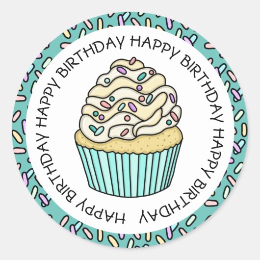 Sticker Rond Joyeux Anniversaire Cupcake Teal et Vanille   (Devant)