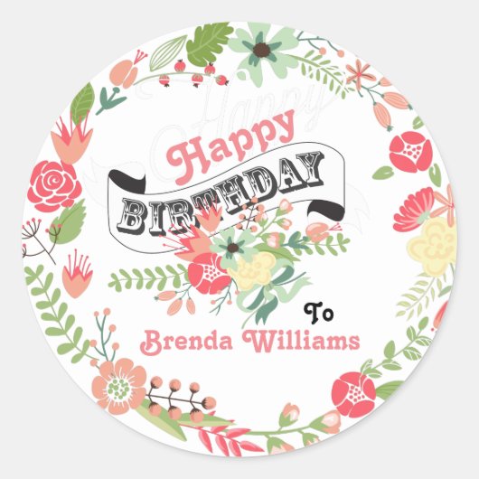 Sticker Rond Joyeux Anniversaire Cute Floral Wreath (Devant)