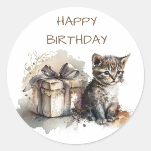 Sticker Rond Joyeux anniversaire   Cute Grey Kitten et Cadeau
