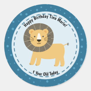 Sticker Rond Joyeux Anniversaire Cute Lion Zoo Animaux