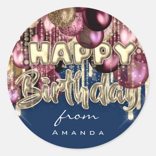 Sticker Rond Joyeux anniversaire de Bourgogne or Ballons bleu (Devant)