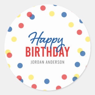 Sticker Rond Joyeux anniversaire de confettis jaunes bleus
