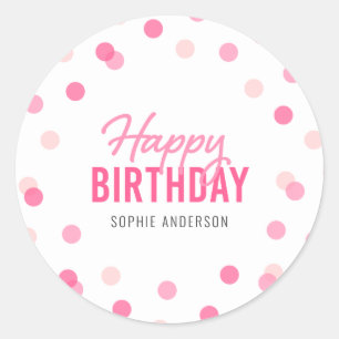 Sticker Rond Joyeux anniversaire de confettis roses