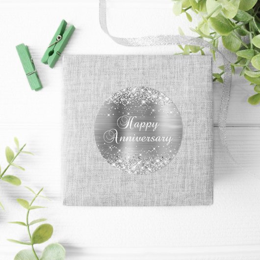 Sticker Rond Joyeux Anniversaire de Mariage Paillettes Argentée