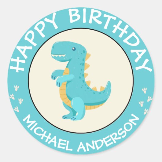 Sticker Rond Joyeux Anniversaire Dinosaure Nom Bébé Bleu (Devant)