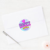 Sticker Rond Joyeux Anniversaire Du Nom Balloon Pink Heart Gold (Enveloppe)