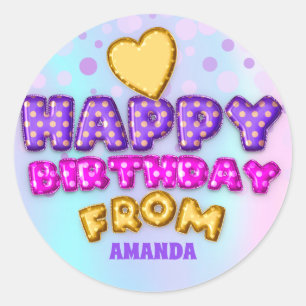 Sticker Rond Joyeux Anniversaire Du Nom Balloon Rose Golden Hea