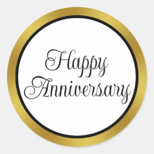 Sticker Rond Joyeux Anniversaire Écriture Cursive Noir Blanc Or