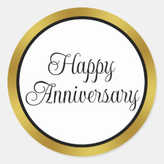 Sticker Rond Joyeux Anniversaire Écriture Cursive Noir Blanc Or