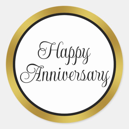 Sticker Rond Joyeux Anniversaire Écriture Cursive Noir Blanc Or (Devant)