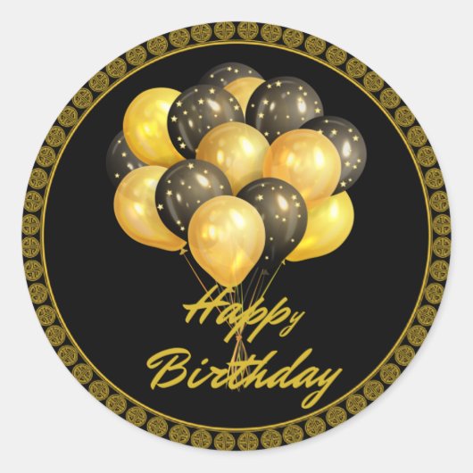 Sticker Rond Joyeux anniversaire, élégant noir et or, (Devant)