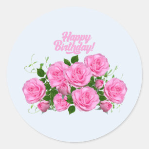 Sticker Rond Joyeux Anniversaire Élégante Roses Roses Roses Ros