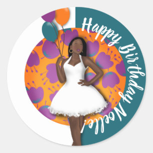 Sticker Rond Joyeux anniversaire ! Femme noire, Ballons & Fleur