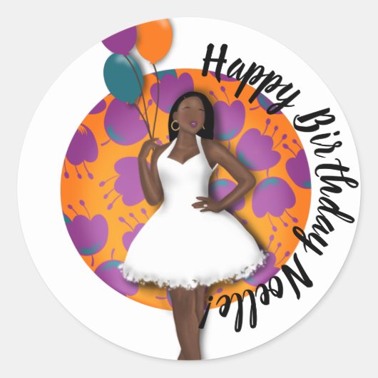 Sticker Rond Joyeux anniversaire ! Femme noire, Ballons & Fleur (Devant)