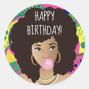 Sticker Rond Joyeux anniversaire ! Femme noire, Bubblegum, Colo