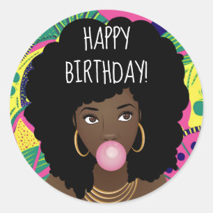 Sticker Rond Joyeux anniversaire ! Femme noire, Bubblegum, Colo