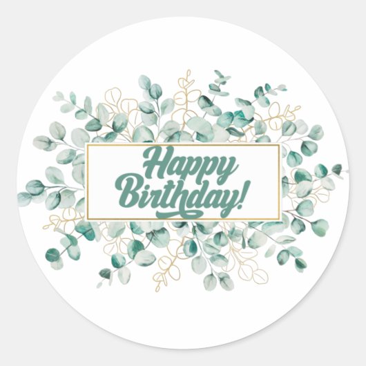 Sticker Rond Joyeux Anniversaire Feuilles verts et Golden Eucal (Devant)