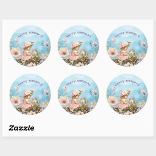 Sticker Rond Joyeux Anniversaire Fille Vintage Fleurs et Chat 