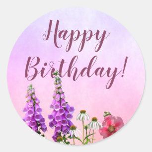 Sticker Rond Joyeux anniversaire fleurons violets rose