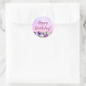 Sticker Rond Joyeux anniversaire fleurons violets rose (Sac)