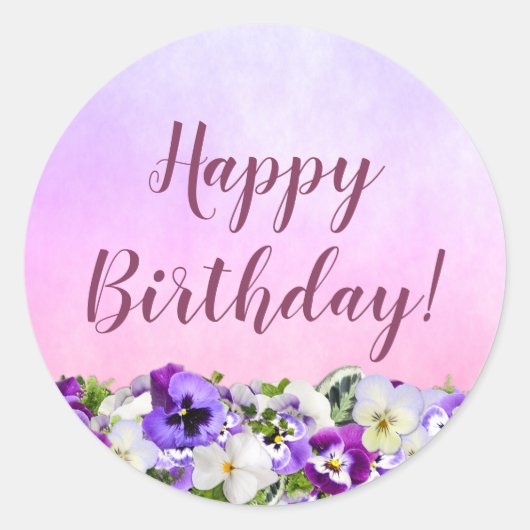 Sticker Rond Joyeux anniversaire fleurons violets rose (Devant)
