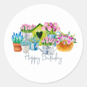 Sticker Rond Joyeux Anniversaire Fleurs de Jardin - Tulipes