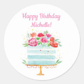 Sticker Rond Joyeux Anniversaire Floral Anniversaire Gâteau (Devant)