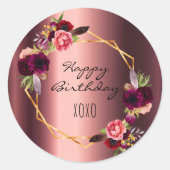 Sticker Rond Joyeux anniversaire floral bordeaux or métallique (Devant)