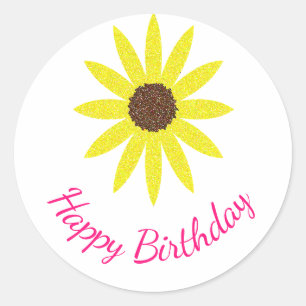 Sticker Rond Joyeux Anniversaire Floral Tournesol Fleur Jaune R