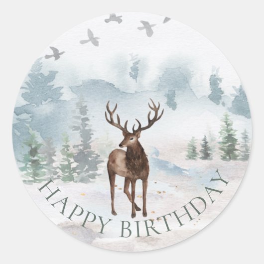 Sticker Rond Joyeux Anniversaire Forêt Bois Cerf (Devant)