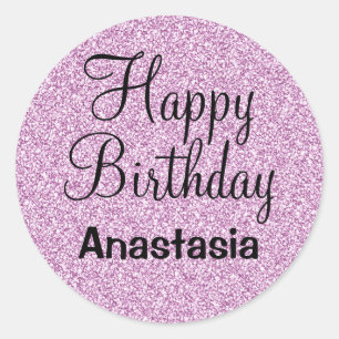 Sticker Rond Joyeux Anniversaire Glitter Violet Pailleté Nom