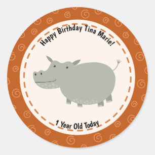 Sticker Rond Joyeux anniversaire Hippopotamus mignon Zoo Animau