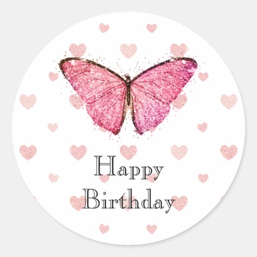 Sticker Rond Joyeux Anniversaire, Joli Papillon Parties scintil (Devant)