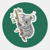 Sticker Rond Joyeux anniversaire Koala sur la branche Eucalyptu (Devant)