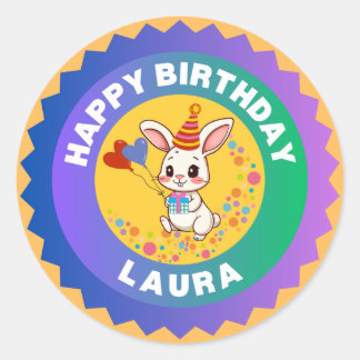 Sticker Rond Joyeux Anniversaire Lapin Mignon