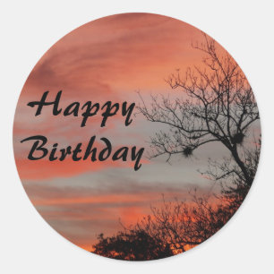 Sticker Rond Joyeux anniversaire, lever de soleil rose avec