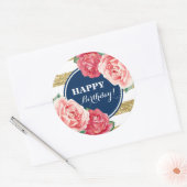 Sticker Rond Joyeux Anniversaire Marine Bleu Gold Stripes rose (Enveloppe)