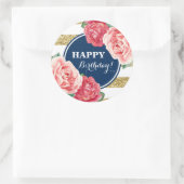 Sticker Rond Joyeux Anniversaire Marine Bleu Gold Stripes rose (Sac)