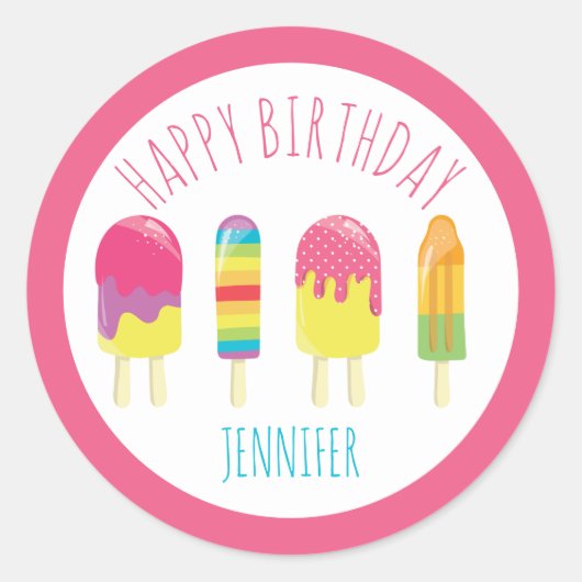 Sticker Rond Joyeux anniversaire mignon rose Popsicle party kaw (Devant)