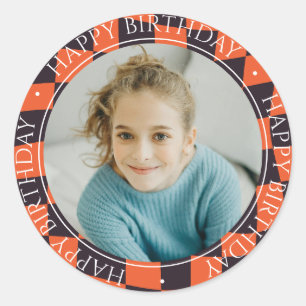 Sticker Rond Joyeux Anniversaire Moderne Retro Colorful Photo O