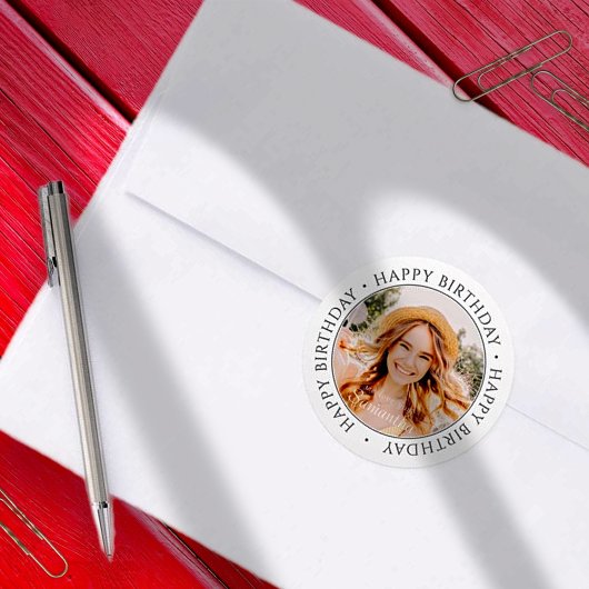 Sticker Rond Joyeux anniversaire moderne simple photo personnal