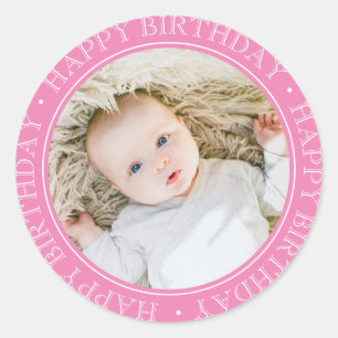 Sticker Rond Joyeux Anniversaire Moderne Simple Rose Photo Pers