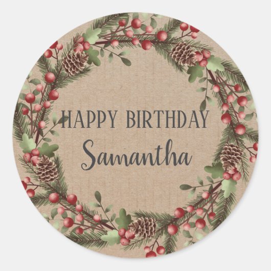 Sticker Rond Joyeux anniversaire Noël Floral Wreath Craft (Devant)
