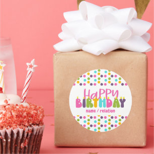 Sticker Rond Joyeux Anniversaire Nom Typographie Bougie Colorée
