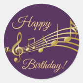 Sticker Rond Joyeux Anniversaire notes de musique or sur élégan (Devant)