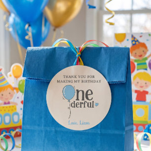 Sticker Rond Joyeux Anniversaire Onederful Blue Balloon Merci
