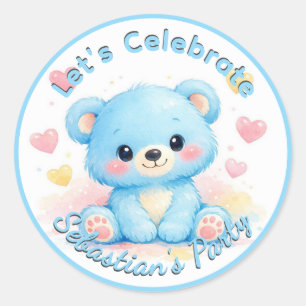 Sticker Rond Joyeux Anniversaire Ourson Bleu Mignon