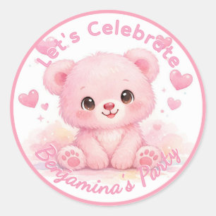 Sticker Rond Joyeux Anniversaire Ourson Rose Bébé Fille
