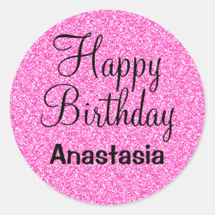 Sticker Rond Joyeux Anniversaire Paillettes Rose Chaud Nom