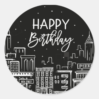 Sticker Rond Joyeux Anniversaire Paysage de Night City